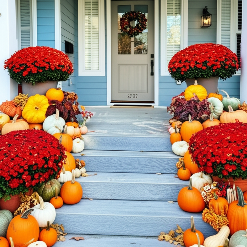 Decorative front steps with pumpkins and flowers in front of a blue house.
