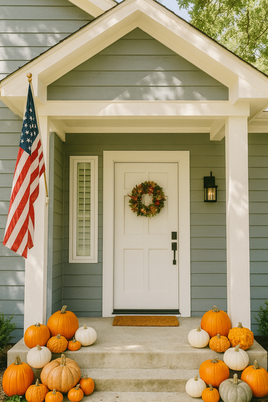 Front porch with pumpkins, American flag, and wreath on a house door.