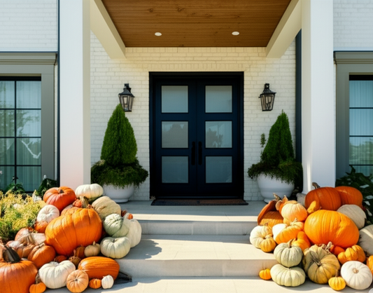 Decorative pumpkins on a front porch of a house with a black door.